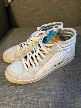 P448 Skate Rainbow Metallic Tongue White Croc High Top Sneakers EU 38 US 7.5-8
